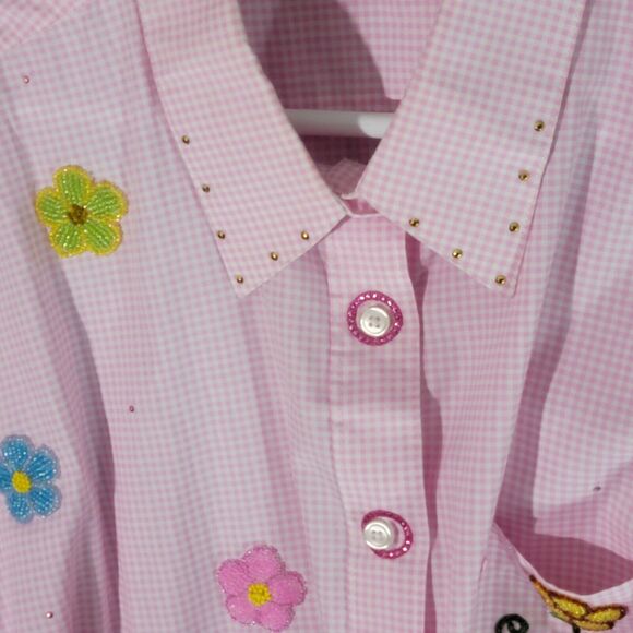 Pink Gingham Check Flannel Top Womens Plus Size 1X Rhinestone Floral Embellished - Picture 8 of 16